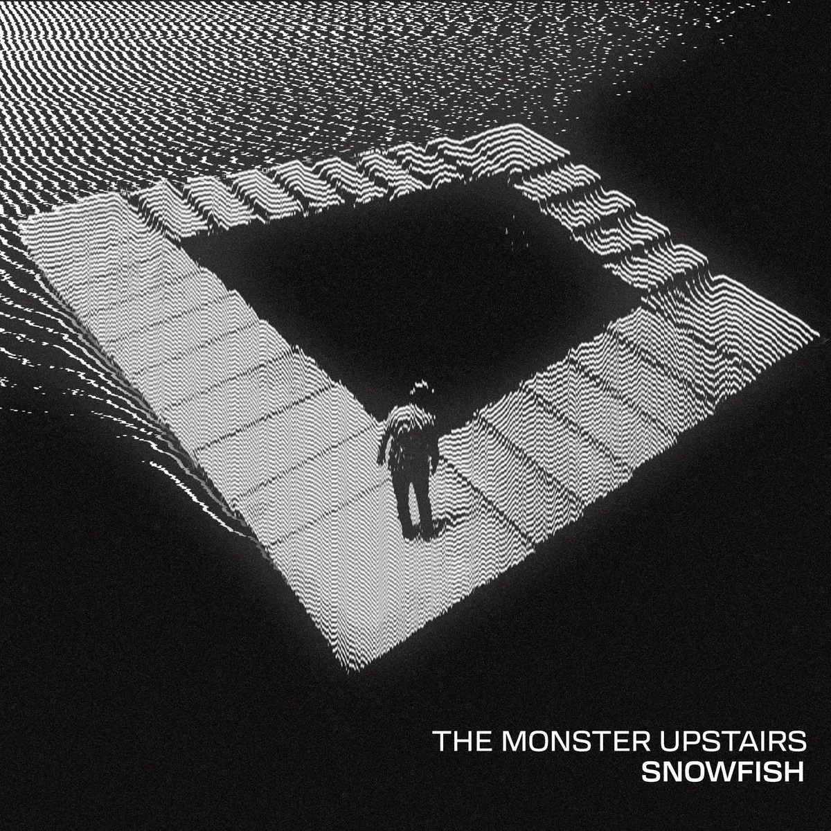 The Monster Upstairs album cover: a lone figure walking a striped staircase around a dark square